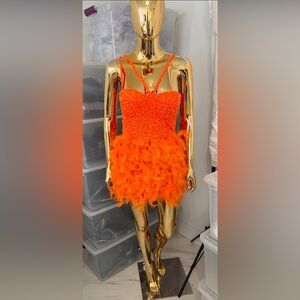 Orange Sequin Feather Mini dress sz XS